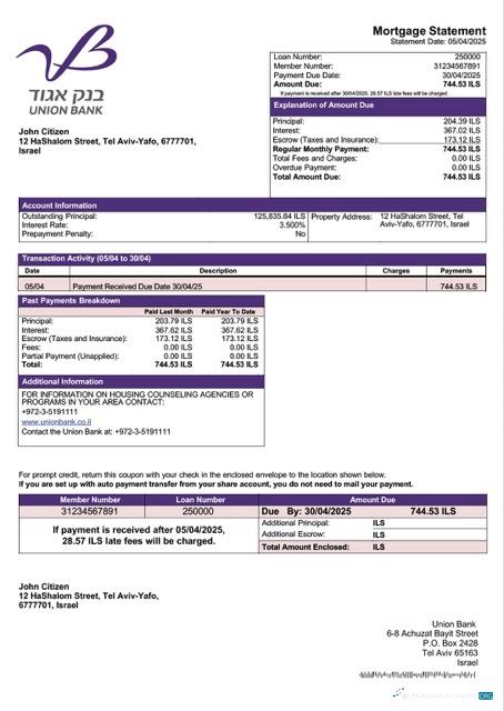 Download Israel Union Bank (Bank Igud) mortgage statement Word and PDF template Photoshop template